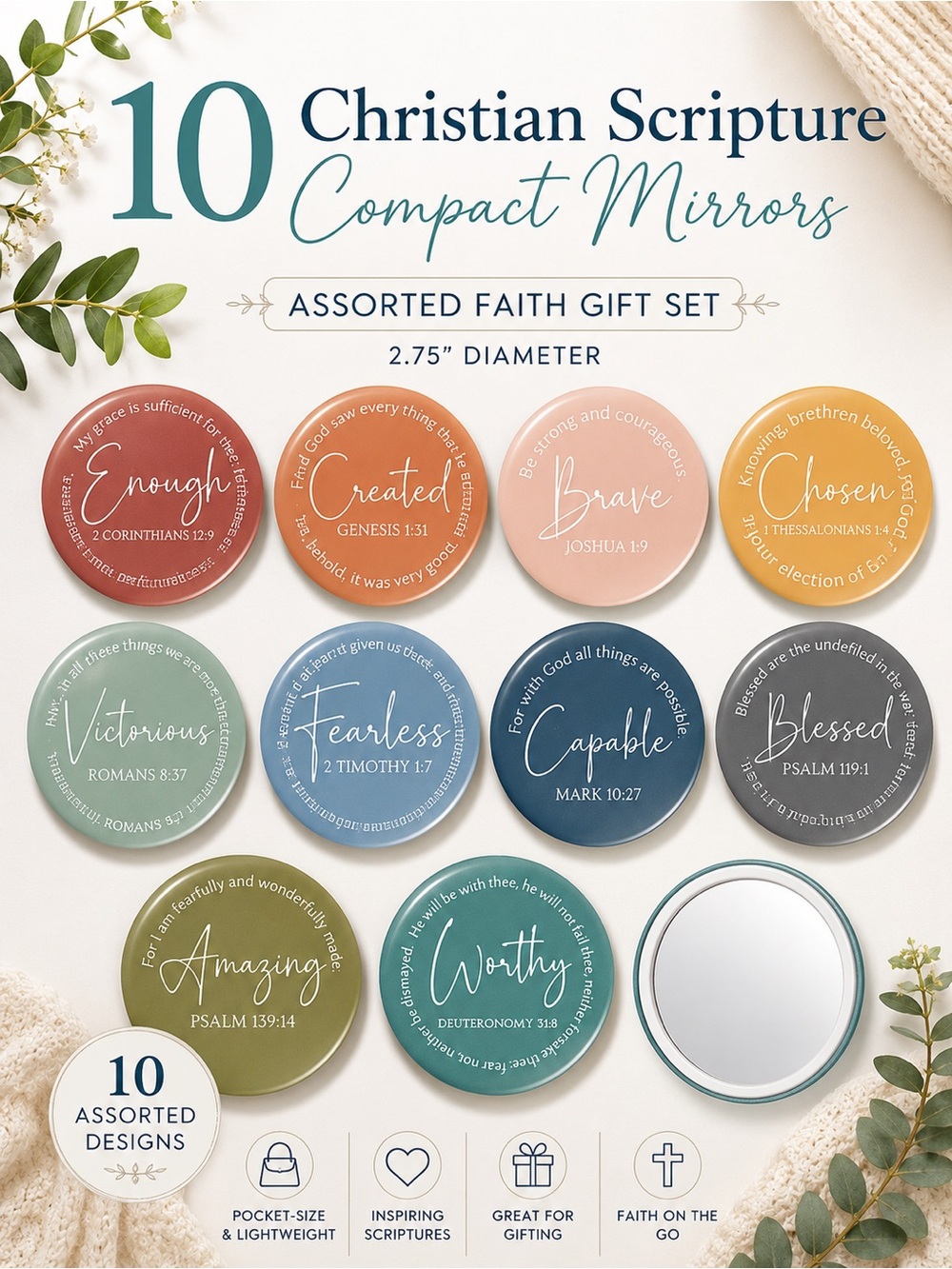10 Christian Scripture Compact Mirrors | Assorted Colors | 2.75” Faith Gift Set